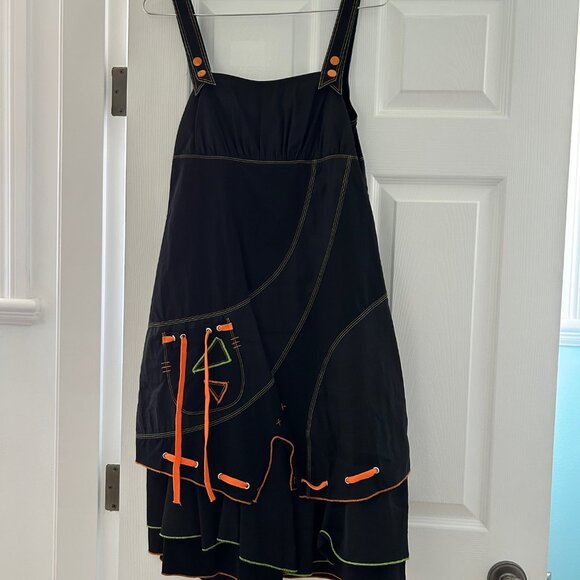 Unique black pinafore dress with orange and green stitching, ribbons & buttons - Picture 2 of 10